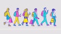 The illustration shows diverse passers-by walking, a courier delivering orders, a businessman with a coffee cup, a girl Royalty Free Stock Photo