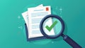 Illustration shows documents under magnifying glass with green checkmark. Teal background emphasizes verification, approval, and Royalty Free Stock Photo