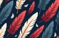 Illustration shows feather seamless pattern. Red white, blue feathers placed randomly on dark background. Textile design for Royalty Free Stock Photo