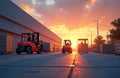 Illustration shows forklifts loading pallets at warehouse during sunset. Industrial logistics operations, material handling, Royalty Free Stock Photo