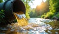 Illustration shows polluted water pouring from pipe into river. Sunlight shines on water flow. Environmental problems water Royalty Free Stock Photo