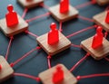 Illustration shows social network structure with red human figures standing on wood platform nodes interconnected by threads. Royalty Free Stock Photo