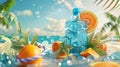 This illustration shows a summer cocktail ad with a blue liquor bottle, cocktail glass, orange fruit, swimming ring