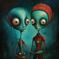 Two Funny Aliens Wearing Hats - Illustration