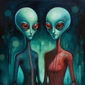 Two Funny Aliens Wearing Red and Blue Suits- Illustration