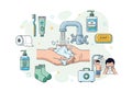 Illustration shows various hygiene items and practices. Central Royalty Free Stock Photo