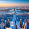 The illustration shows a winter view of the Sparrow Hills in Moscow, 22nd century