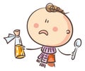 Illustration of a sick boy taking medication. Doodle cartoon kid vector clipart