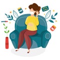 Illustration of sick woman sitting in armchair with symptoms of cold, high fever. Flu infection. Coronavirus. Season