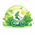 Side view of a young woman rides her bicycle against a backdrop of lush green leaves, exemplifying the ideals of
