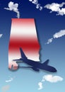 illustration with the silhouette of an airplane and the map of the State of Alabama on a background with sky and clouds Royalty Free Stock Photo
