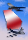 illustration with the silhouette of airplanes and the map of the State of Georgia on a background with sky and clouds Royalty Free Stock Photo