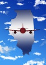 illustration with the silhouette of an airplane and the map of the State of Illinois on a background with sky and clouds Royalty Free Stock Photo