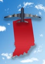 illustration with the silhouette of an airplane and the map of the State of Indiana on a background with sky and clouds