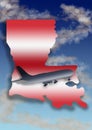 illustration with the silhouette of an airplane and the map of the State of Louisiana on a background with sky and clouds