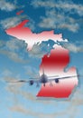 illustration with the silhouette of an airplane and the map of the State of Michigan on a background with sky and clouds Royalty Free Stock Photo