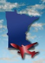 illustration with the silhouette of an airplane and the map of the State of Minnesota on a background with sky and clouds Royalty Free Stock Photo