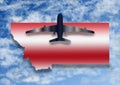 illustration with the silhouette of an airplane and the map of the State of Montana on a background with sky and clouds Royalty Free Stock Photo