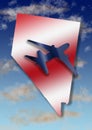 illustration with the silhouette of an airplane and the map of the State of Nevada on a background with sky and clouds Royalty Free Stock Photo