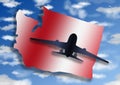 illustration with the silhouette of an airplane and the map of the State of Washington on a background with sky and clouds Royalty Free Stock Photo