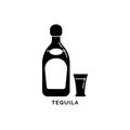 Illustration with silhouette bottle and glass tequila. Isolated object. Strong beverage label. White background. Design concept