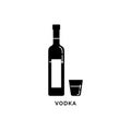 Illustration with silhouette bottle and glass vodka. Isolated object in line art style. Strong beverage label. White background.