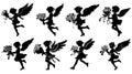 Illustration of a silhouette of Cupid holding a bouquet of flowers on Valentine\'s Day