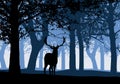 Illustration of silhouette of a deer with deciduous forest blue sky, vector