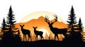 Illustration of a silhouette of a deer family in the forest at sunset Royalty Free Stock Photo