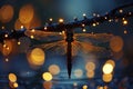 Illustration of the silhouette of a dragonfly on the branch is reflected in blurred lights, creating an abstract background w Royalty Free Stock Photo