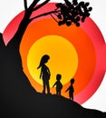 Illustration Of Silhouette Ghost Mother And Her Son& x27;s On Sunset Background ,Concept Of Halloween.