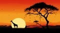 Illustration of a silhouette of a giraffe and an African tree at sunset