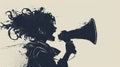 illustration of a silhouette girl singing into a megaphone on a beige background, banner, copy space Royalty Free Stock Photo