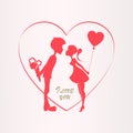 Illustration with a silhouette of a heart, a boy with flowers and a girl with a balloon, Royalty Free Stock Photo