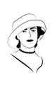 Illustration of silhouette of a lady in a hat with beads in black and white.