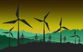 Illustration of a Silhouette of landscape view of wind power turbines. Sustainable energy