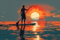 illustration silhouette of a man floating on a SUP board in calm sea or ocean at sunset Royalty Free Stock Photo