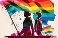 Silhouette of men and women collab with rainbow color art