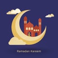 Illustration of Silhouette Muslim Man Praying on Crescent Moon with Mosque, Clouds on Purple Background for Ramadan Kareem