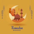 Illustration of Silhouette Muslim Man Praying on Crescent Moon with Mosque and Hanging Lantern on Yellow for Ramadan