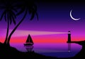 Illustration Of The Silhouette Of Palm Trees And The Coast Against The Background Of The Ocean During The Sunset Of The Yacht And