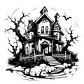 Illustration of silhouette a scary house. Mystical house with monsters and ghost for Halloween. Spooky house. Vector Royalty Free Stock Photo