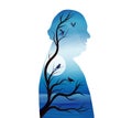 Concept of senile dementia - alzheimer. Silhouette of senior profile with night landscape - moon - branches and birds