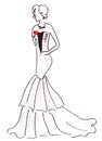 Illustration silhouette sketch female in a long dress with a form fitting top and lush layered skirt