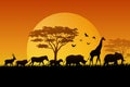 Silhouette sunset animals on savannas