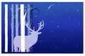 Illustration silhouette of a white stag in a birch forest with dark blue sky and a meteor in the middle of the stars