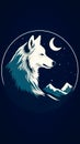 Illustration of silhouette wolf with moon, generative AI.