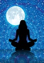 Illustration of silhouette of woman meditating under full moon light