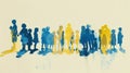 Illustration of silhouettes of a crowd of people painted in watercolor in yellow and blue colors. Royalty Free Stock Photo