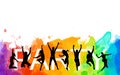 Illustration silhouettes party dance colorful group of jumping people dancing. Jazz funk, hip-hop, house dance. Dancer man on whit